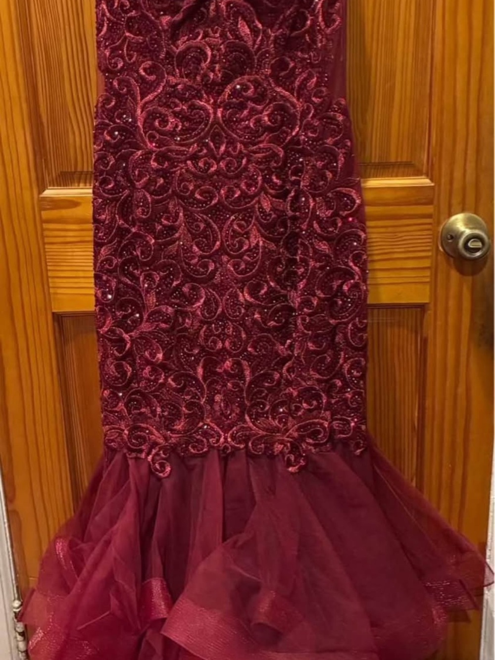 Mori Lee Burgundy Embroidered Tulle Dress